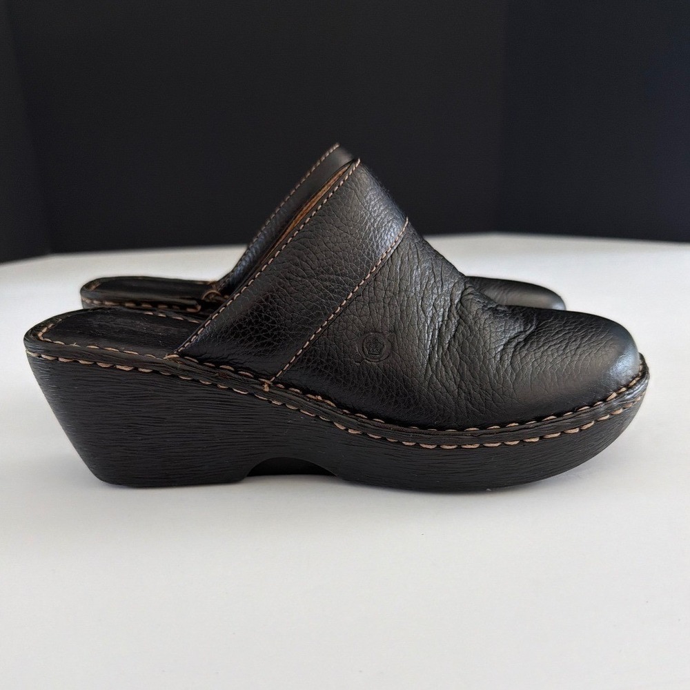Born Black Pebbled Leather Clogs Mules‎ Wedge Heel W61783 Womens 8 EU 39